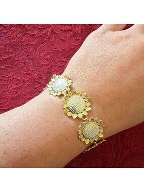 Vintage 925 Sterling Silver Two Tone Sunflower Floral Link Bracelet 7.75" 22g